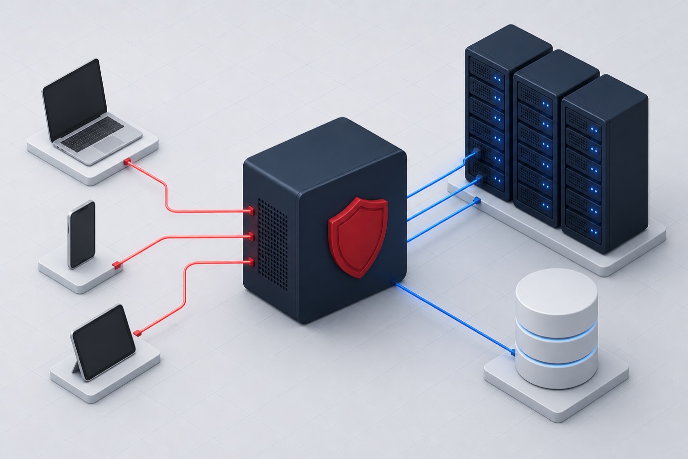 Kurumsal AI gateway mimarisi: istemciler, güvenlik kapısı, sunucu rafları ve vektör veritabanı